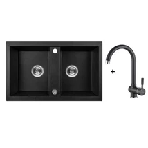 Laveo BARBADOS szemcsés fekete kétmedencés szett dugókiemelős helytakarékos szifonnal