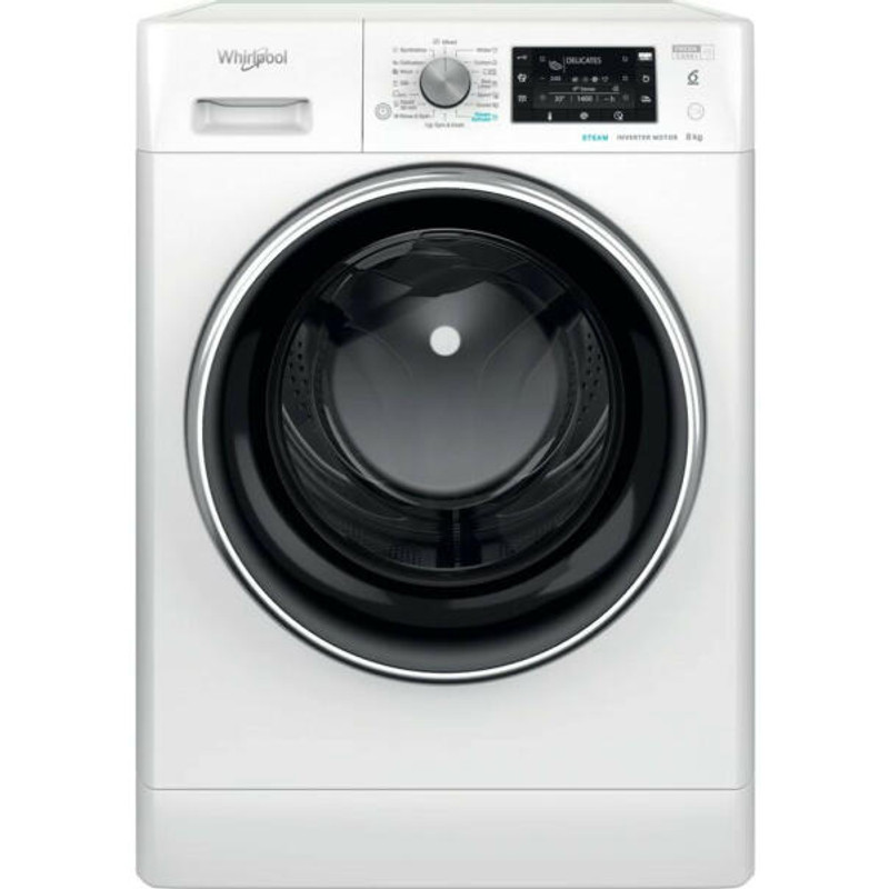 Whirlpool FFD8489BCVEE Elöltöltős "Direct Injection" víztakarékos rendszerrel, "A-20%", 1400 f, 8 kg , extra csendes inverter motor, szöveges magyar nyelvű LCD kijelző, fekete-króm dobajtó