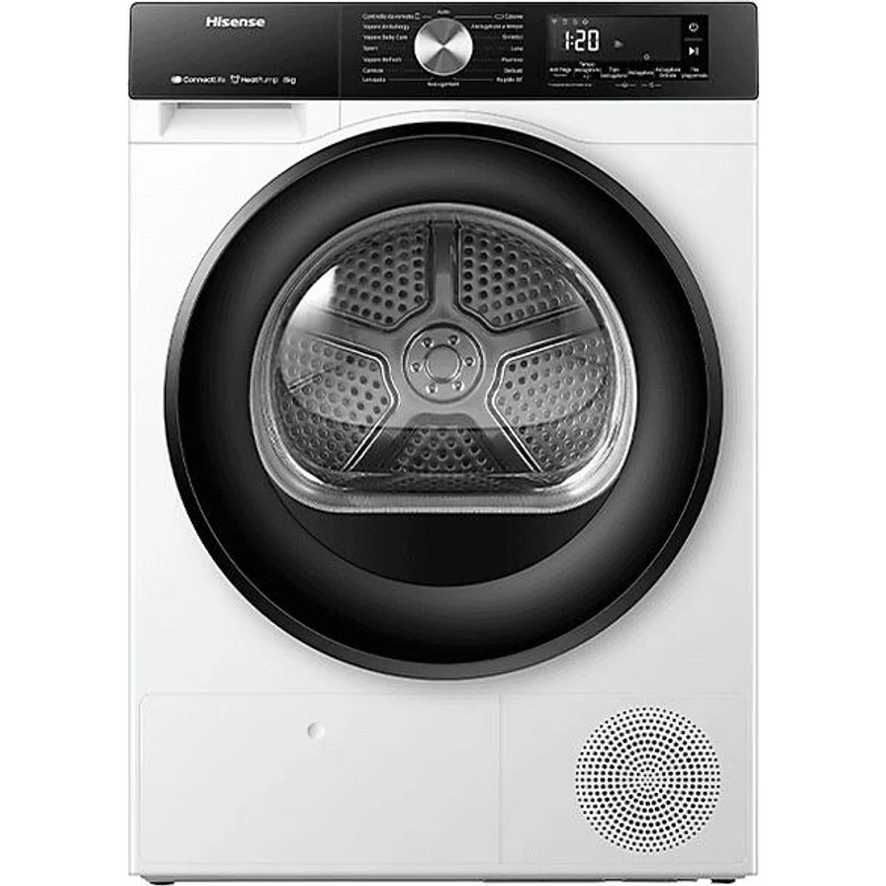 Hisense DH3S802BW2 Szárítógép, 8 kg / 100l, "D" LED képernyő érintőgombokkal, TwinFlow kétirányú levegőbefújás, WIFI ConnectLife alkalmazás, AntiCrease gyűrődésmentesítő funkciók  megfordítható ajtónyitás,  Dobvilágítás