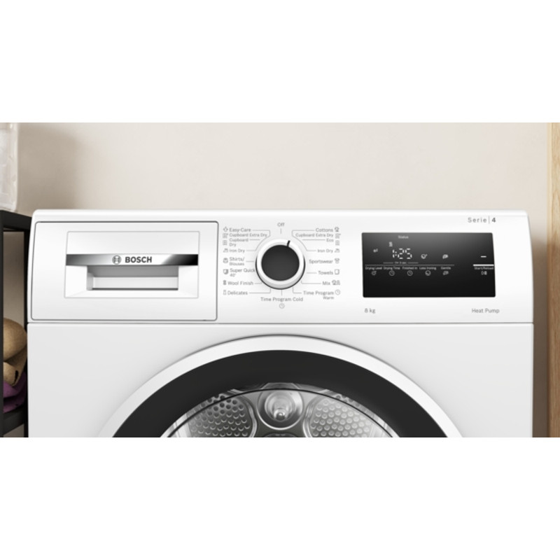 Bosch WTH83256BY Hőszivattyús kondenzációs szárítógép, Serie4, 8kg, Fekete-fehér ajtó, EasyClean kondenzátor, TouchControl kijelző Bosch WTH83256BY Hőszivattyús kondenzációs szárítógép, Serie4, 8kg, Fekete-fehér ajtó, EasyClean kondenzátor, TouchControl kijelző