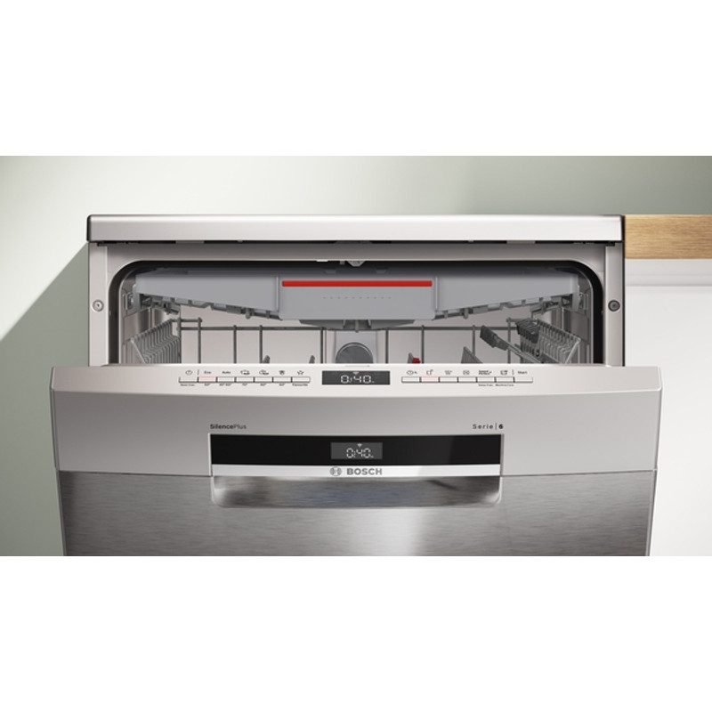 Bosch SMS6ECI15E Szabadonálló Mosogatógép - Serie 6 - Home Connect - Nemesacél - 14 teríték - Energiaosztály:A - 6 program - 4 opció - Nagyméretű LED kijelző - Nyomógombos vezérlés - EfficientDry szárítás - MaxFlex kosárrendszer - VarioDrawer