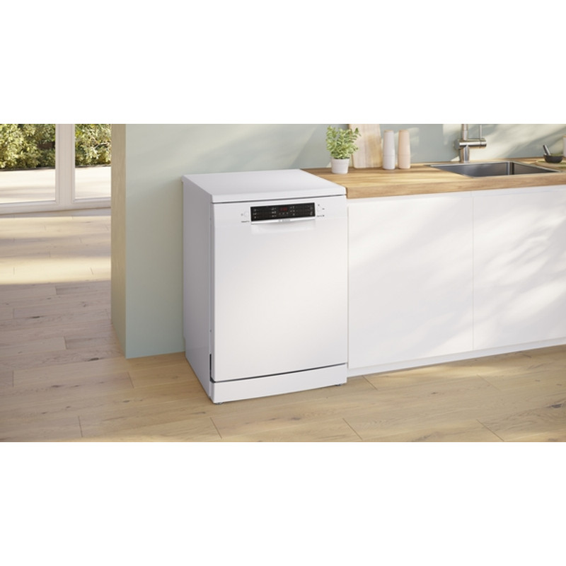 Bosch SMS46KW02E Szabadonálló Mosogatógép - Serie4 - Fehér - 13 teríték - Energiaosztály:E - 5 program - 4 opció - LED kijelző - Nyomógombos vezérlés - Hőcserélős kondenzációs szárítás - VarioFlex kosárrendszer