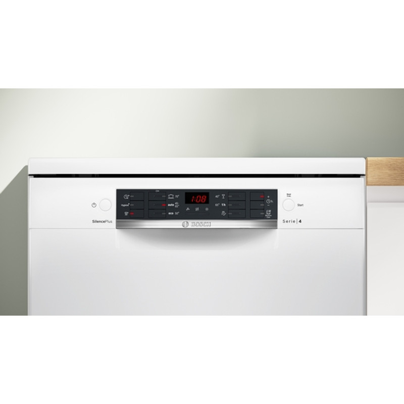 Bosch SMS46KW02E Szabadonálló Mosogatógép - Serie4 - Fehér - 13 teríték - Energiaosztály:E - 5 program - 4 opció - LED kijelző - Nyomógombos vezérlés - Hőcserélős kondenzációs szárítás - VarioFlex kosárrendszer