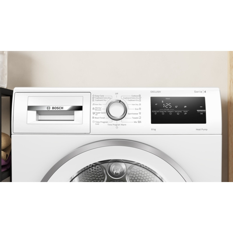 Bosch WTH85293BY Hőszivattyús kondenzációs szárítógép, Serie4, 8kg, Fehér-inox ajtó, EasyClean kondenzátor, TouchControl kijelző Bosch WTH85293BY Hőszivattyús kondenzációs szárítógép, Serie4, 8kg, Fehér-inox ajtó, EasyClean kondenzátor, TouchControl kijelző