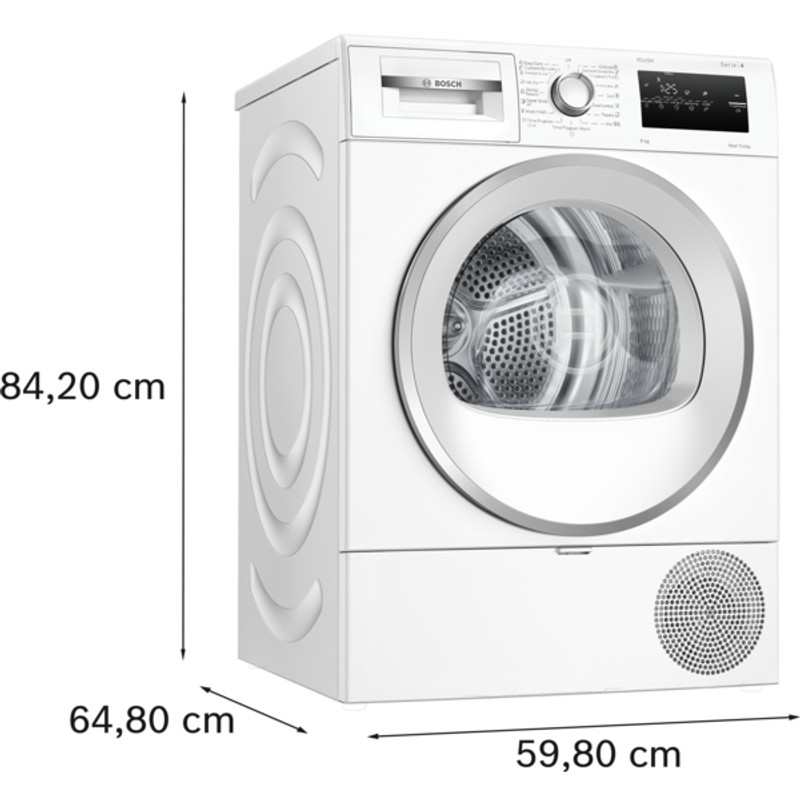 Bosch WTH85293BY Hőszivattyús kondenzációs szárítógép, Serie4, 8kg, Fehér-inox ajtó, EasyClean kondenzátor, TouchControl kijelző Bosch WTH85293BY Hőszivattyús kondenzációs szárítógép, Serie4, 8kg, Fehér-inox ajtó, EasyClean kondenzátor, TouchControl kijelző