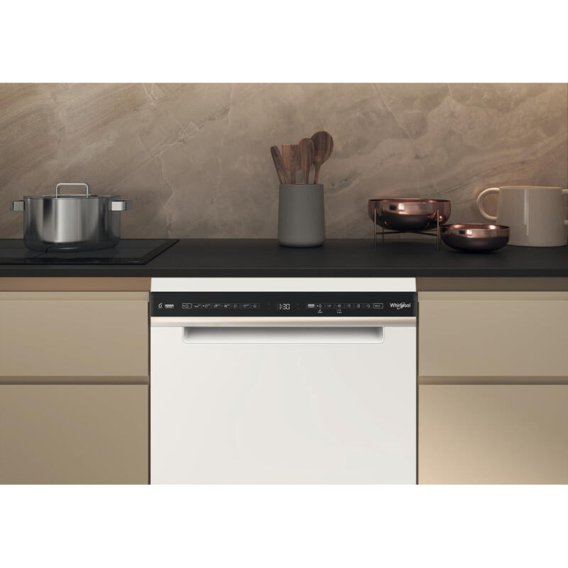 WHIRLPOOL WH3FD14BN7 Mosogatógép, D , 14 teríték, fehér készülékszín, 10 program, 9,5 l vízfogyasztás , PowerClean és 6. Érzék technológia , digitális kijelző, fix 3. evőeszköztartó fiók, NaturalDry 43 dBA, szupercsendes éjszakai program