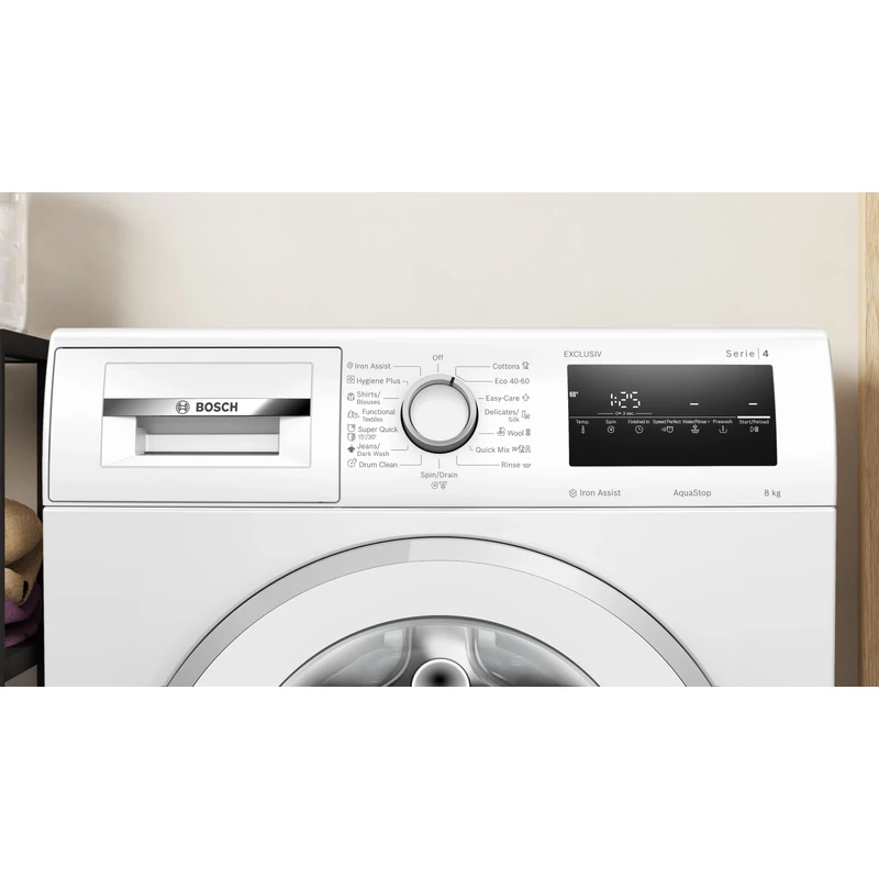 Bosch WAN2829NBY Elöltöltős mosógép , Serie4 , IronAssist gőzprogram , 8 kg , A , 1400 f, Fehér,inox ajtó , TouchControl kijelző , AquaStop Bosch WAN2829NBY Elöltöltős mosógép , Serie4 , IronAssist gőzprogram , 8 kg , A , 1400 f, Fehér,inox ajtó , TouchControl kijelző , AquaStop