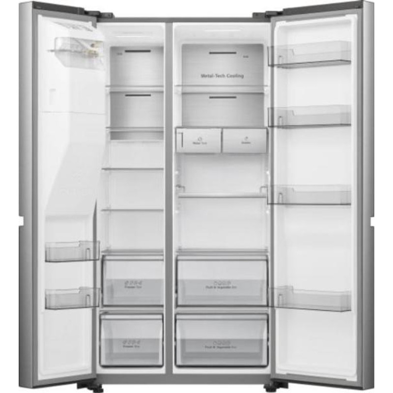 Hisense RS818N4TIE Side by Side hűtő, 417/215l, "E" , NO-FROST, INVERTERES , Multi Air Flow, automata jégadagoló, Smart Wifi, víztartályos, Metal Cooling, prémium inox/fekete