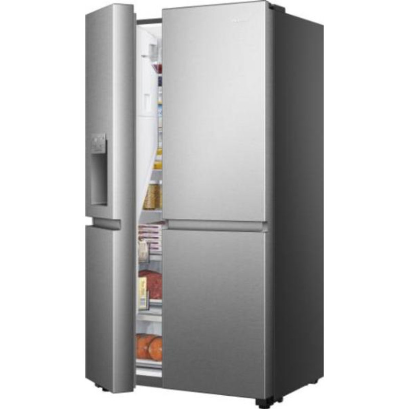 Hisense RS818N4TIE Side by Side hűtő, 417/215l, "E" , NO-FROST, INVERTERES , Multi Air Flow, automata jégadagoló, Smart Wifi, víztartályos, Metal Cooling, prémium inox/fekete