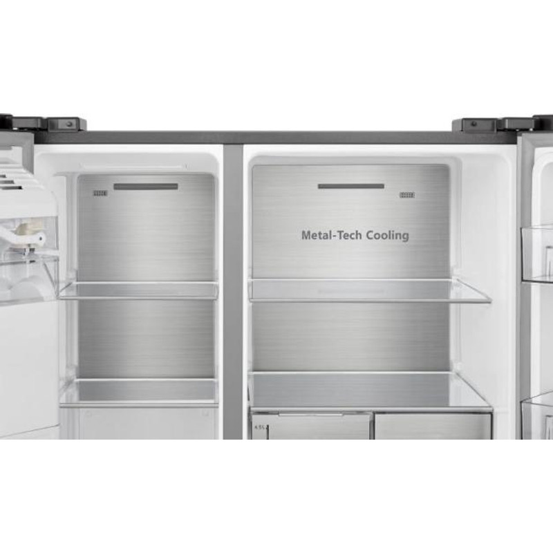 Hisense RS818N4TIE Side by Side hűtő, 417/215l, "E" , NO-FROST, INVERTERES , Multi Air Flow, automata jégadagoló, Smart Wifi, víztartályos, Metal Cooling, prémium inox/fekete
