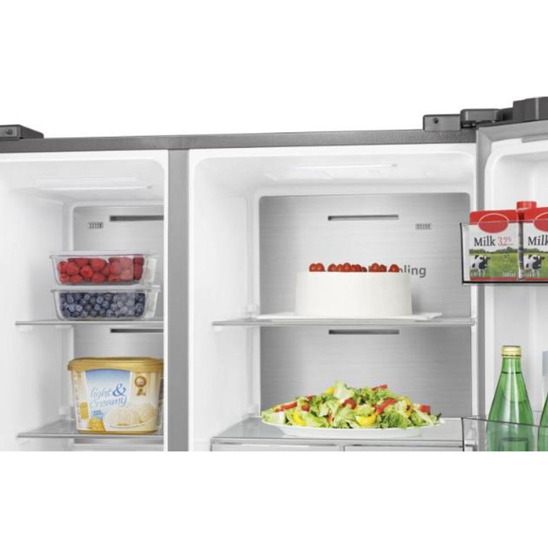 Hisense RS818N4TIE Side by Side hűtő, 417/215l, "E" , NO-FROST, INVERTERES , Multi Air Flow, automata jégadagoló, Smart Wifi, víztartályos, Metal Cooling, prémium inox/fekete