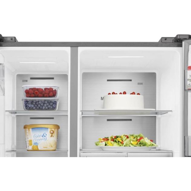 Hisense RS818N4TIE Side by Side hűtő, 417/215l, "E" , NO-FROST, INVERTERES , Multi Air Flow, automata jégadagoló, Smart Wifi, víztartályos, Metal Cooling, prémium inox/fekete