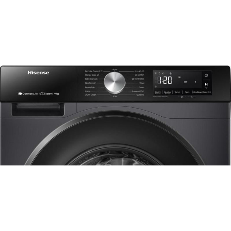 Hisense WF3S9043BB3 Mosógép, 9 kg / 60l, 1400 f, "A" , INVERTERES motorral, WIFI - ConnetctLife képes, AntiCrease gyűrődésmentesítés, AddCloth - ruha hozzáadása,GŐZPROGRAMOK, Totál AquaStop