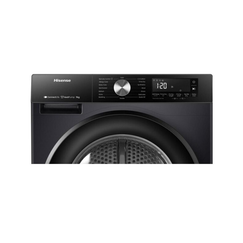 Hisense DH3S902BB3 Szárítógép, 9 kg / 125l, "C", LED képernyő érintőgombokkal, TwinFlow kétirányú levegőbefújás, WIFI ConnectLife alkalmazás,AntiCrease gyűrődésmentesítő funkciók Dobvilágítás, fekete