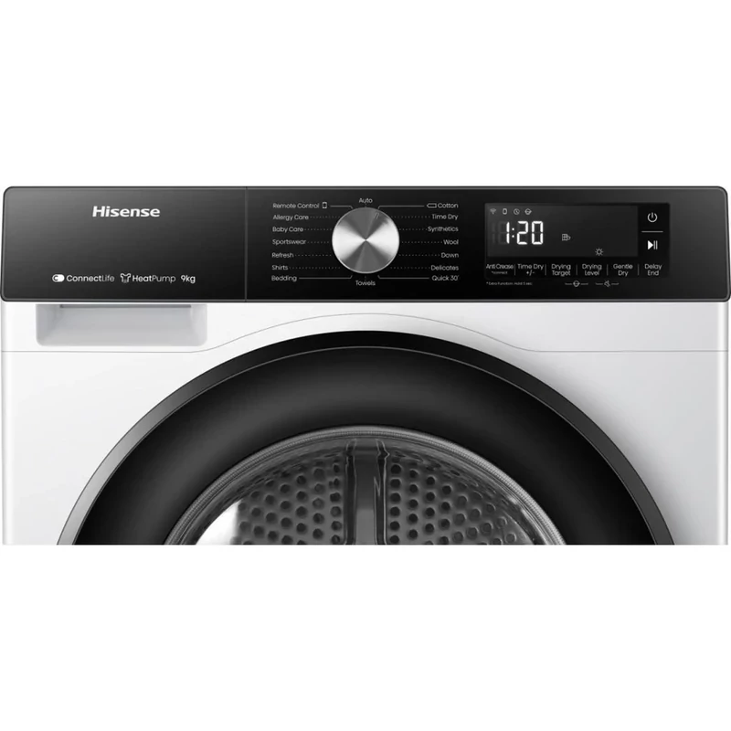 Hisense DH3S902BW3 Szárítógép, 9 kg / 125l, "C" , LED képernyő érintőgombokkal, TwinFlow kétirányú levegőbefújás, WIFI ConnectLife alkalmazás,AntiCrease gyűrődésmentesítő funkciók Dobvilágítás,