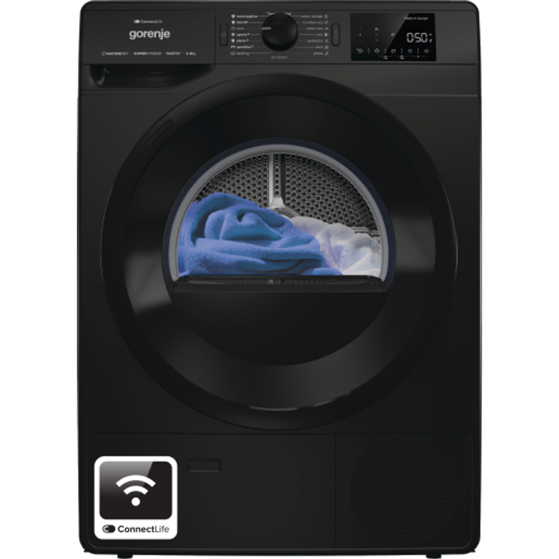 Gorenje DPNE82GNLWIFI/B szabadonálló hőszivattyús szárítógép, 8 kg, Wifi, LED képernyő, szag és gyűrődésmentesítés, dobvilágítás, fekete