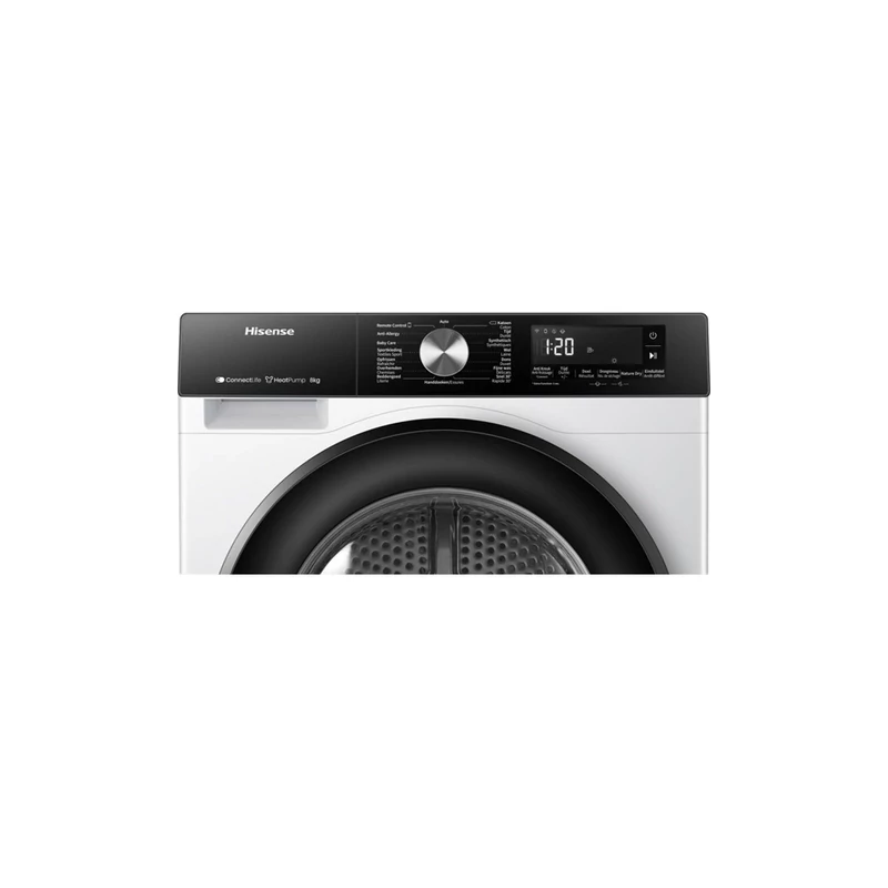 Hisense DH3S802BW3 Szárítógép, 8 kg / 100l, "C" LED képernyő érintőgombokkal, TwinFlow kétirányú levegőbefújás, WIFI ConnectLife alkalmazás, AntiCrease gyűrődésmentesítő funkciók , Dobvilágítás
