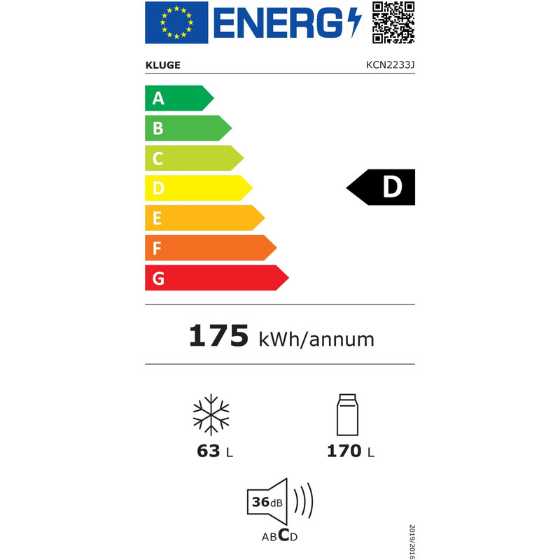 Kluge KCN2233J beépíthető kombi hűtőszekrény alul fagyasztóval, DualNoFrost, 170L/63L
