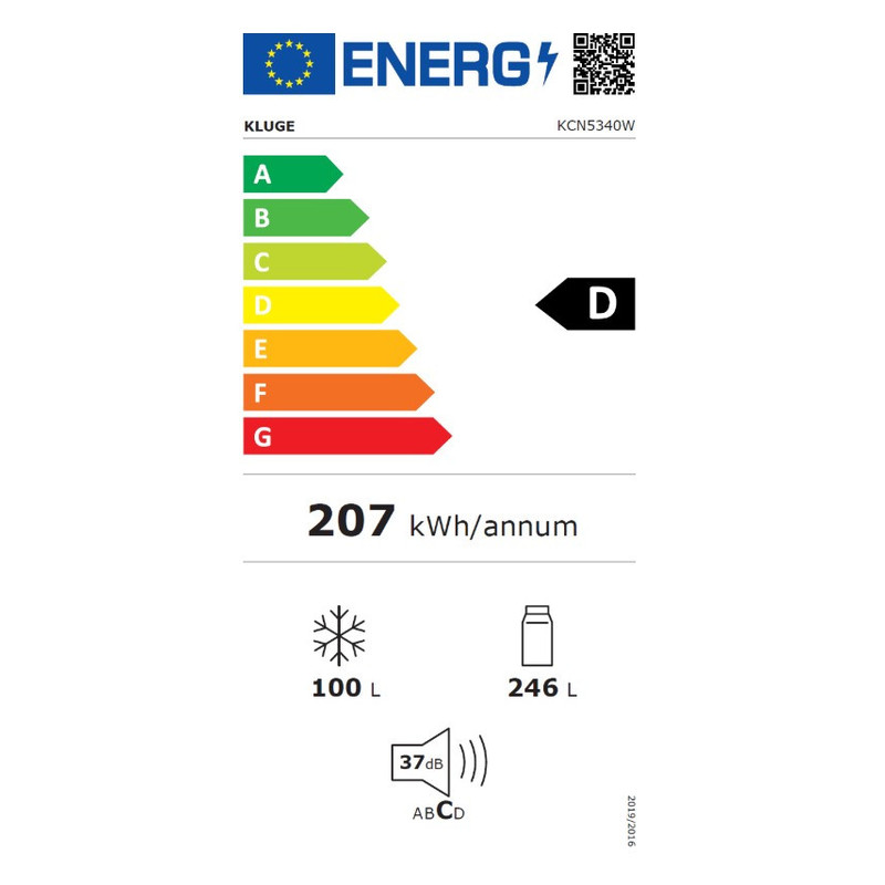 Kluge KCN5340W szabadonálló fehér kétajtós kombi hűtőszekrény, NoFrost, 264L/113L