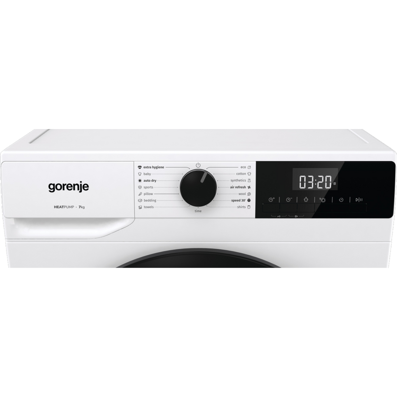 Gorenje D2HNE7E ESSENTIAL+, 7 kg , "E" , hőszivattyús, LED képernyő érintőgombokkal, ReFresh és gyűrődésmentesítő program, 84,5/59,5/51cm, fehér-fekete szín