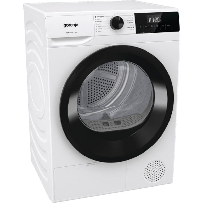 Gorenje D2HNE7E ESSENTIAL+, 7 kg , "E" , hőszivattyús, LED képernyő érintőgombokkal, ReFresh és gyűrődésmentesítő program, 84,5/59,5/51cm, fehér-fekete szín