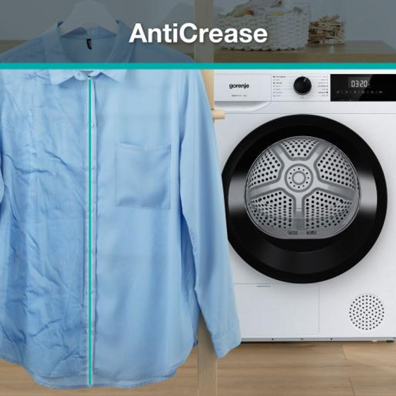Gorenje D2HNE9D ESSENTIAL, 9 kg , "D" , hőszivattyús, LED képernyő érintőgombokkal, PowerDrive inverteres motor, ReFresh funkció, gyűrődésmentesítő funkciók, 84,5/59,5/59cm