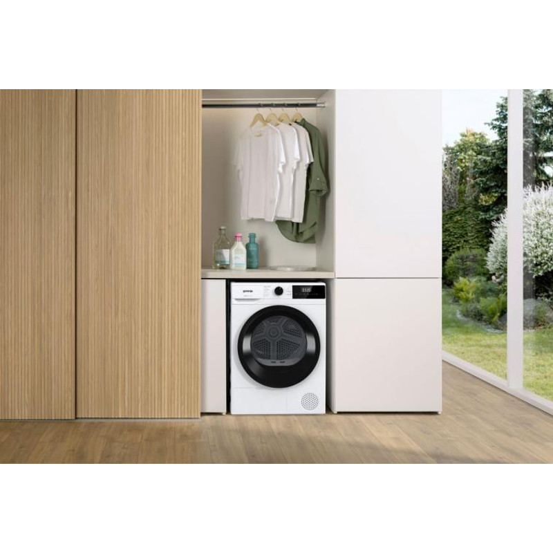 Gorenje D2HNE7E ESSENTIAL+, 7 kg , "E" , hőszivattyús, LED képernyő érintőgombokkal, ReFresh és gyűrődésmentesítő program, 84,5/59,5/51cm, fehér-fekete szín