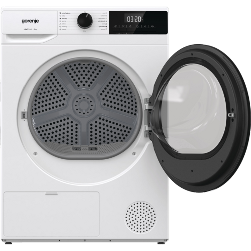 Gorenje D2HNE7E ESSENTIAL+, 7 kg , "E" , hőszivattyús, LED képernyő érintőgombokkal, ReFresh és gyűrődésmentesítő program, 84,5/59,5/51cm, fehér-fekete szín