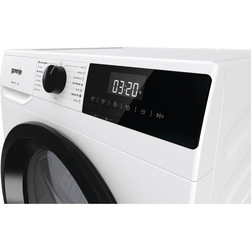 Gorenje D2HNE9D ESSENTIAL, 9 kg , "D" , hőszivattyús, LED képernyő érintőgombokkal, PowerDrive inverteres motor, ReFresh funkció, gyűrődésmentesítő funkciók, 84,5/59,5/59cm