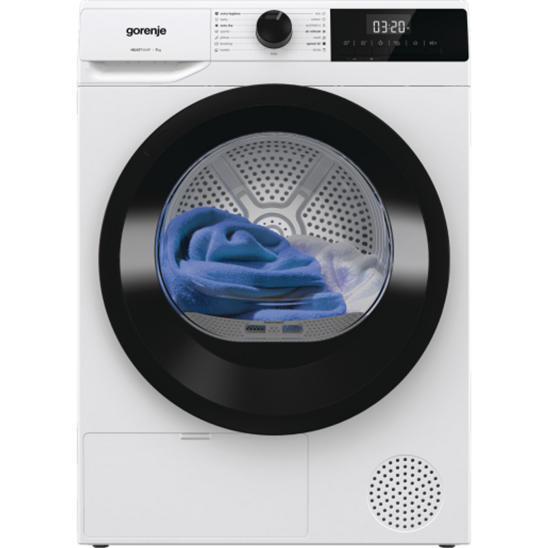Gorenje D2HNE7D ESSENTIAL+, 7 kg , "D" , hőszivattyús, LED képernyő érintőgombokkal, ReFresh és gyűrődésmentesítő program, ExtraHygiene program, 84,5/59,5/51cm, fehér-fekete szín