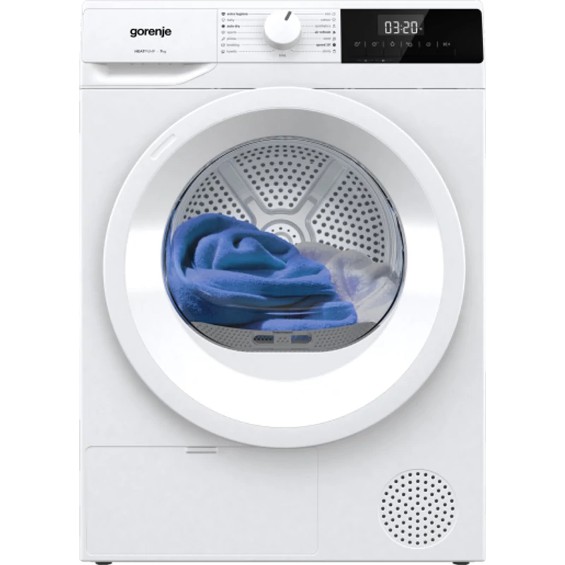 Gorenje DHNE7D ESSENTIAL, 7 kg , "D" , hőszivattyús, LED képernyő érintőgombokkal, ReFresh és gyűrődésmentesítő program,  ExtraHygiene program,  84,5/59,5/55cm, fehér szín