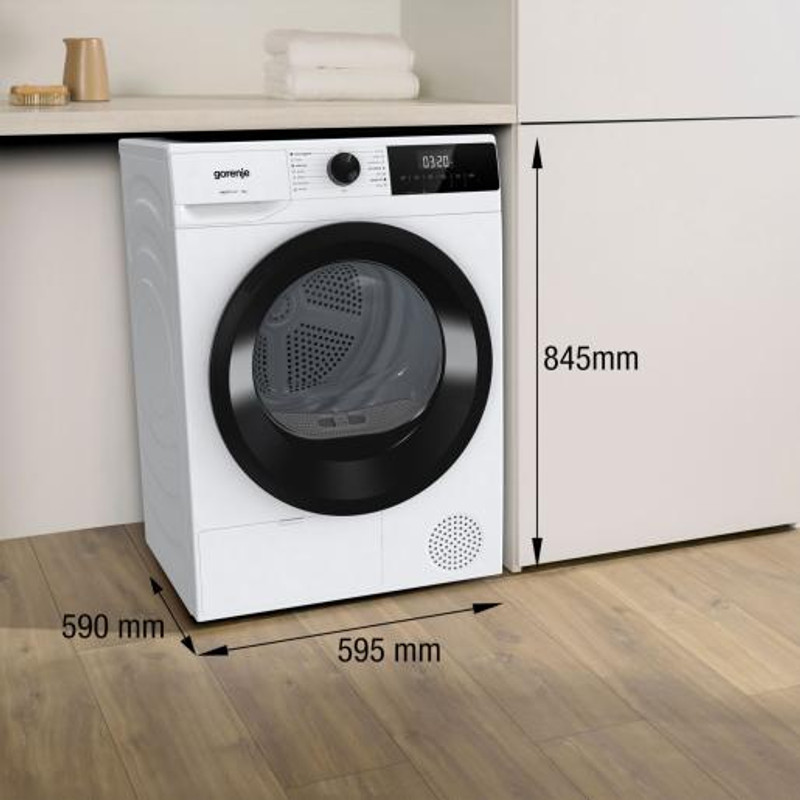 Gorenje D2HNE9D ESSENTIAL, 9 kg , "D" , hőszivattyús, LED képernyő érintőgombokkal, PowerDrive inverteres motor, ReFresh funkció, gyűrődésmentesítő funkciók, 84,5/59,5/59cm