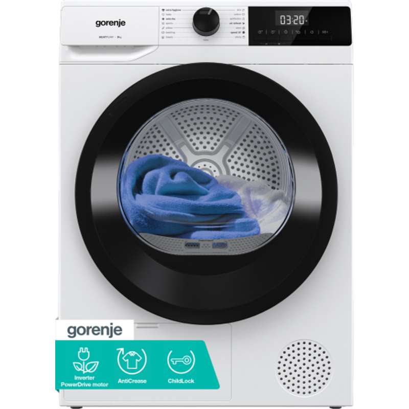 Gorenje D2HNE9D ESSENTIAL, 9 kg , "D" , hőszivattyús, LED képernyő érintőgombokkal, PowerDrive inverteres motor, ReFresh funkció, gyűrődésmentesítő funkciók, 84,5/59,5/59cm