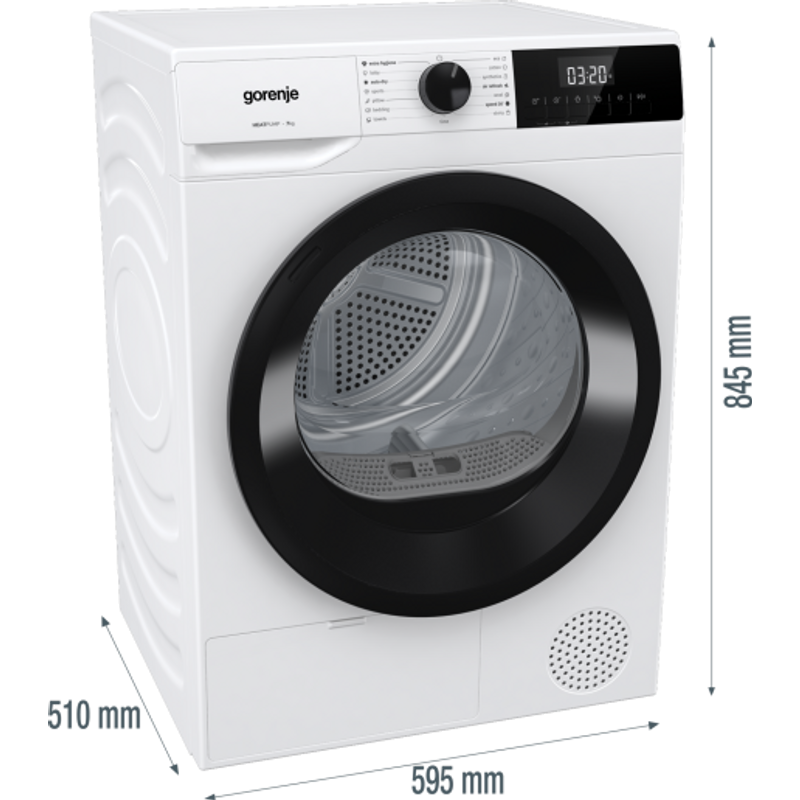 Gorenje D2HNE7D ESSENTIAL+, 7 kg , "D" , hőszivattyús, LED képernyő érintőgombokkal, ReFresh és gyűrődésmentesítő program, ExtraHygiene program, 84,5/59,5/51cm, fehér-fekete szín Gorenje D2HNE7D ESSENTIAL+, 7 kg , "D" , hőszivattyús, LED képernyő érintőgombokkal, ReFresh és gyűrődésmentesítő program, ExtraHygiene program, 84,5/59,5/51cm, fehér-fekete szín