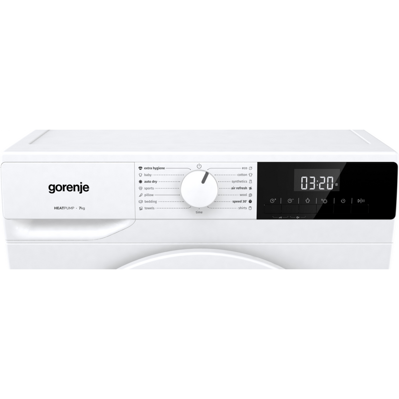 Gorenje DHNE7D ESSENTIAL, 7 kg , "D" , hőszivattyús, LED képernyő érintőgombokkal, ReFresh és gyűrődésmentesítő program, ExtraHygiene program, 84,5/59,5/55cm, fehér szín Gorenje DHNE7D ESSENTIAL, 7 kg , "D" , hőszivattyús, LED képernyő érintőgombokkal, ReFresh és gyűrődésmentesítő program, ExtraHygiene program, 84,5/59,5/55cm, fehér szín