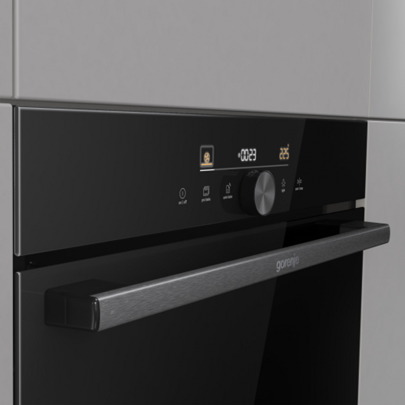 Gorenje BOS6747A05DG Beépíthető multifunkciós sütő, 12 mód, Extra steam, 77 liter HomeMadePlus, "A+" , GentleClose lassú ajtózáródás, GentleOpen - lecsapodás nélküli ajtónyitás, teleszkópos sütősín két szinten, fekete üveg előlappal