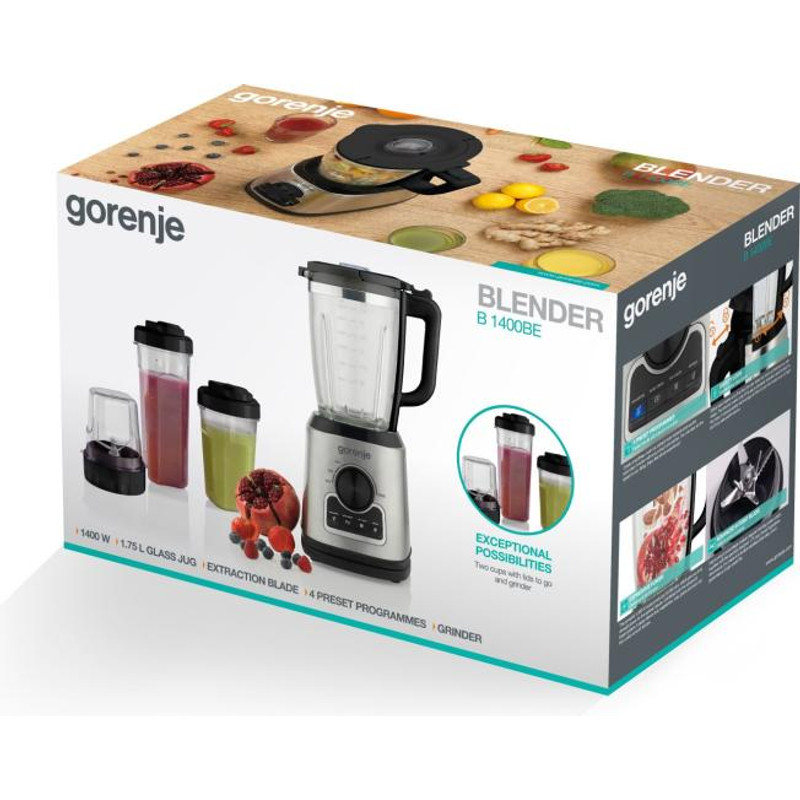 Gorenje B1400BE Turmixgép 1400W , 1,75-es kehely, mosogatógépben moshatótartozékok, üveg keverő kehely, fekete/inox