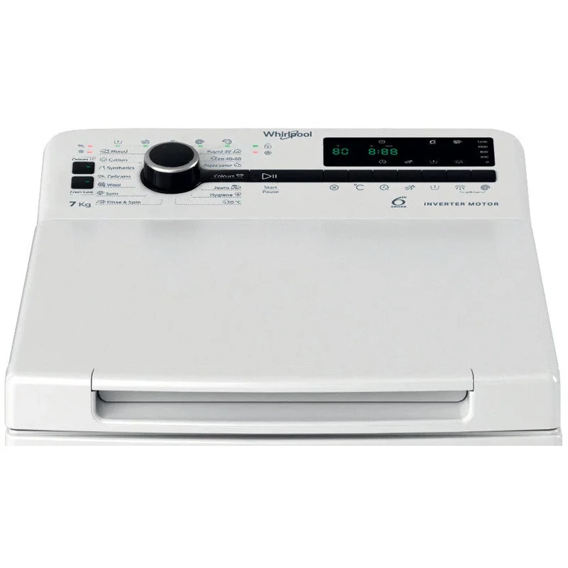 WHIRLPOOL TDLRB7252BSEU Felültöltős mosógép, "B" 1200 f, 7 kg kapacitás, nagy digitális kijelző, 6. Érzék funkció, FreshCare , inverter motor, Teljes Aquastop