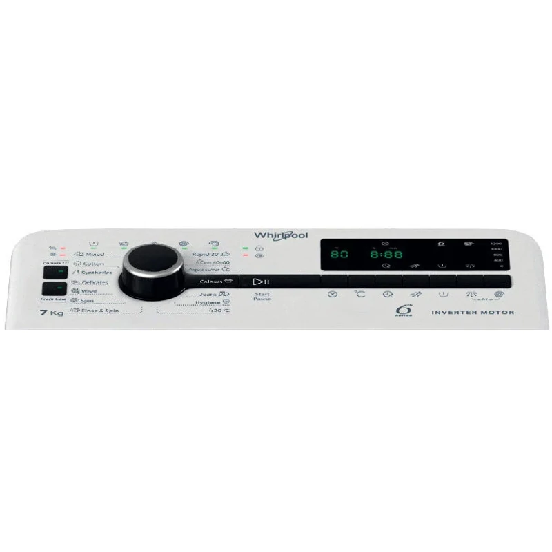 WHIRLPOOL TDLRB7252BSEU Felültöltős mosógép, "B" 1200 f, 7 kg kapacitás, nagy digitális kijelző, 6. Érzék funkció, FreshCare , inverter motor, Teljes Aquastop