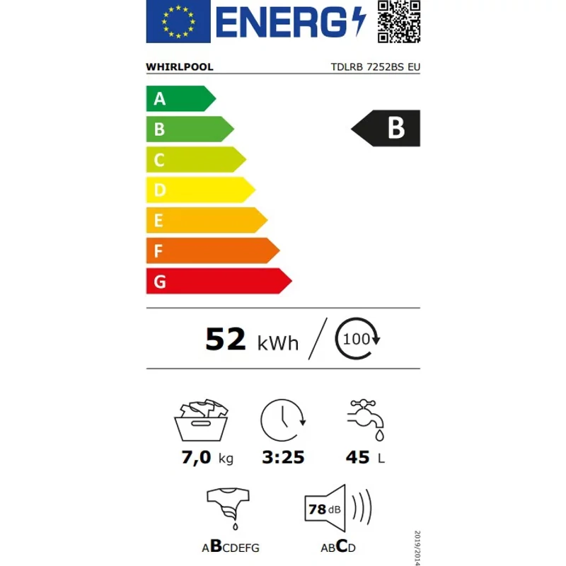 WHIRLPOOL TDLRB7252BSEU Felültöltős mosógép, "B" 1200 f, 7 kg kapacitás, nagy digitális kijelző, 6. Érzék funkció, FreshCare , inverter motor, Teljes Aquastop
