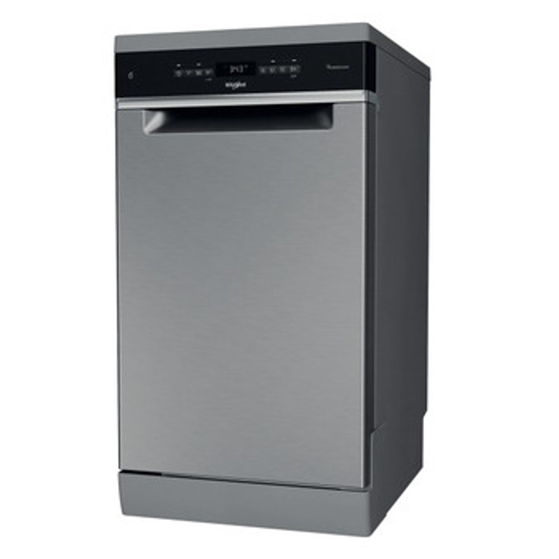 Whirlpool WH6FB10BS7A0X Keskeny mosogatógép, B/A/A, 10 teríték, inox , 9 program, 8.7 l , 6. Érzék technológia, 3. evőeszköztartó fiók, digitális kijelző, elektronikus öblítő- és sóhiány jelző, vízvédelem, 42 dBA, NaturalDry száradást segítő ajtónyitó ren