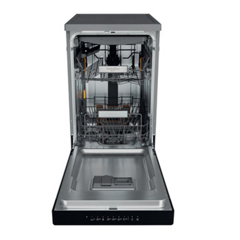 Whirlpool WH6FB10BS7A0X Keskeny mosogatógép, B/A/A, 10 teríték, inox , 9 program, 8.7 l , 6. Érzék technológia, 3. evőeszköztartó fiók, digitális kijelző, elektronikus öblítő- és sóhiány jelző, vízvédelem, 42 dBA, NaturalDry száradást segítő ajtónyitó ren
