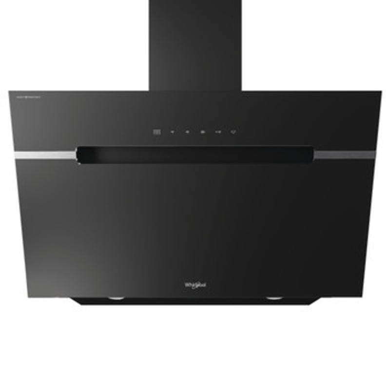 Whirlpool WHVS91FLTDPK Fekete üveg-fém, 90 cm széles ferdesíkú falra szerelhető elszívó, A+ energiaosztály, max. 740 m3/h elszívó kapacitás, slideres fokozatbeállítás, LED világítás, mosható fém zsírszűrő, 65 dBA