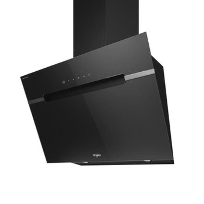 Whirlpool WHVS91FLTDPK Fekete üveg-fém, 90 cm széles ferdesíkú falra szerelhető elszívó, A+ energiaosztály, max. 740 m3/h elszívó kapacitás, slideres fokozatbeállítás, LED világítás, mosható fém zsírszűrő, 65 dBA