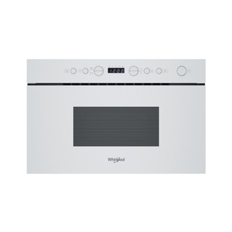 Whirlpool WMN14BW Álló szekrénybe építhető mikrohullámú sütő Fehér, 22 liter, 750 W, oldalra nyíló üvegajtó, LED kijelző (zöld karakterszín), JET Start, JET Defrost, Grill