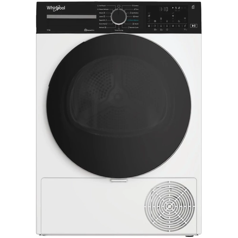 WHIRLPOOL WPE12XWBSEE Hőszivattyús szárítógép Inverter motorral, IronTouch gőztechnológiával és HomeWhiz távoli eléréssel, "E" , 12kg , nagy digitális kijelző,  6. Érzék PrecisionDry funkció.  Dobvilágítás.  Steam Refresh gőzfrissítés