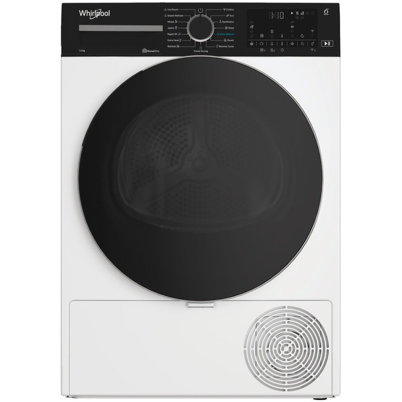 WHIRLPOOL WPE12XWBSEE Hőszivattyús szárítógép Inverter motorral, IronTouch gőztechnológiával és HomeWhiz távoli eléréssel, "E" , 12kg , nagy digitális kijelző,  6. Érzék PrecisionDry funkció.  Dobvilágítás.  Steam Refresh gőzfrissítés