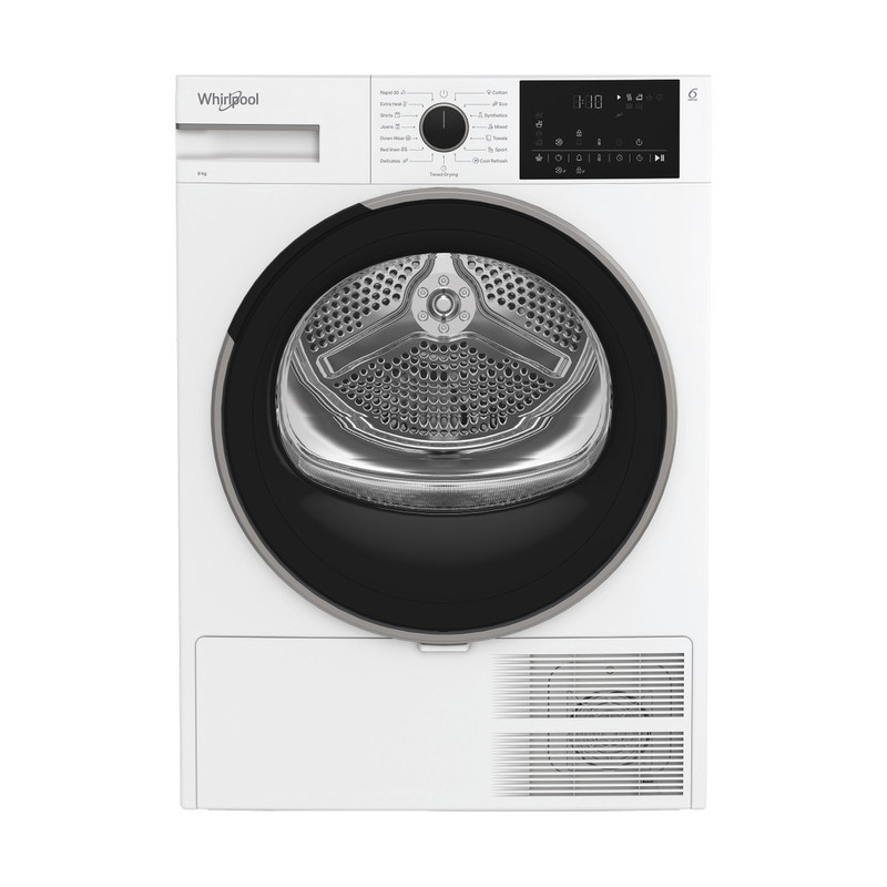WHIRLPOOL WSD8WBHU Hőszivattyús keskeny szárítógép Inverter motorral, IronTouch gőztechnológiával és HomeWhiz távoli eléréssel, "D" , 8kg , nagy digitális kijelző,  6. Érzék PrecisionDry funkció.  Dobvilágítás.Steam Refresh gőzfrissítés