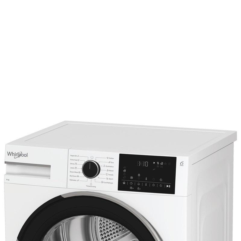 WHIRLPOOL WSD8WBHU Hőszivattyús keskeny szárítógép Inverter motorral, IronTouch gőztechnológiával és HomeWhiz távoli eléréssel, "D" , 8kg , nagy digitális kijelző, 6. Érzék PrecisionDry funkció. Dobvilágítás.Steam Refresh gőzfrissítés WHIRLPOOL WSD8WBHU Hőszivattyús keskeny szárítógép Inverter motorral, IronTouch gőztechnológiával és HomeWhiz távoli eléréssel, "D" , 8kg , nagy digitális kijelző, 6. Érzék PrecisionDry funkció. Dobvilágítás.Steam Refresh gőzfrissítés