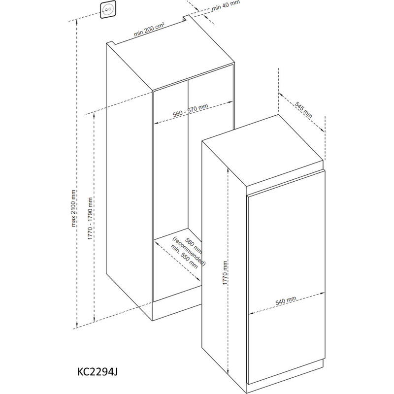 Kluge KC2294J beépíthető egyajtós hűtőszekrény, 162L/16L Kluge KC2294J beépíthető egyajtós hűtőszekrény, 162L/16L